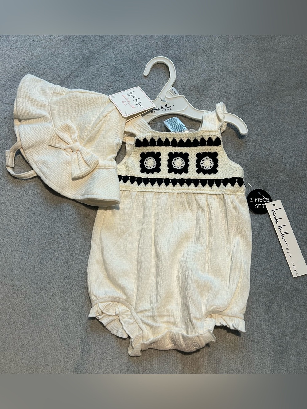 Nicole Miller Ivory Romper and Matching Hat with Black Embroidery